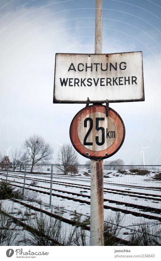 Little going on Ice Frost Snow Transport Logistics Rail transport Railroad tracks Signage Warning sign Road sign Cold Decline Transience Out of service