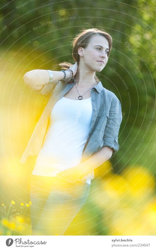 fields of gold Well-being Contentment Calm Human being Feminine Young woman Youth (Young adults) Life Face Arm 1 Environment Nature Plant Spring Tree Blossom