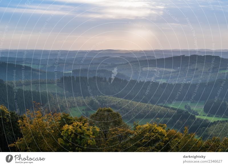 Panorama Nature Siegerland and Sauerland Ginsberger Heide. Happy Vacation & Travel Mountain Hiking Environment Landscape Air Sky Clouds Summer Autumn Tree Field