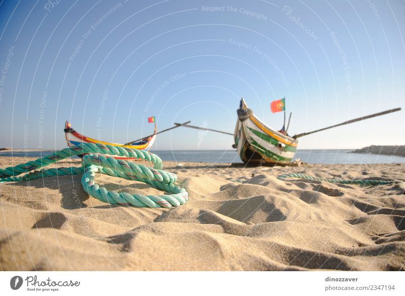 Typical old portuguese fishing Beautiful Vacation & Travel Tourism Summer Beach Ocean Rope Nature Sand Sky Coast Transport Watercraft Wood Flag Old Bright Small