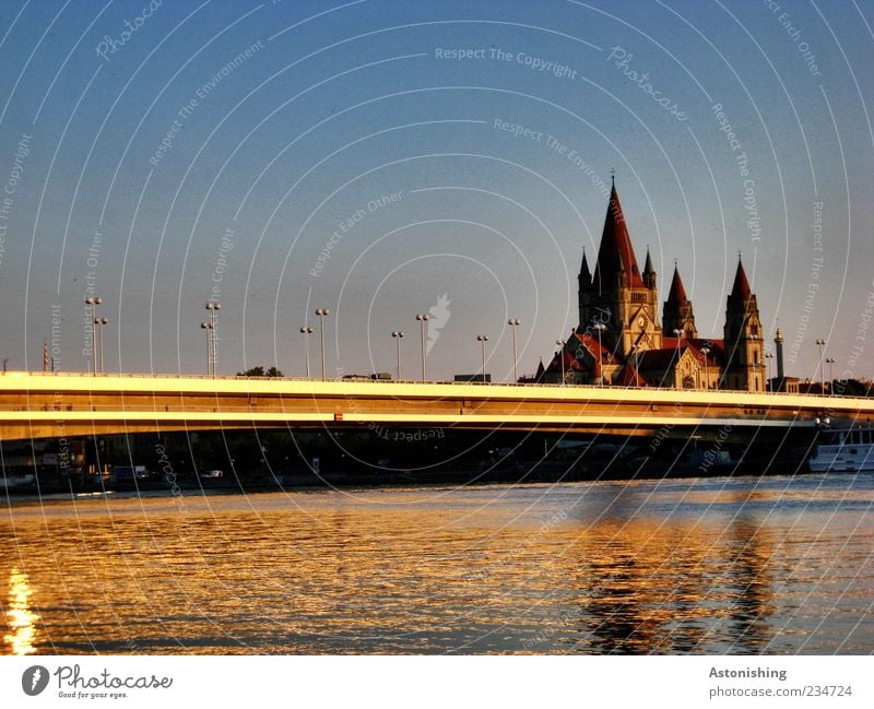 Danube and church (without ducks) Environment Nature Landscape Water Sky Cloudless sky Sun Sunrise Sunset Summer Weather Beautiful weather Waves River Town