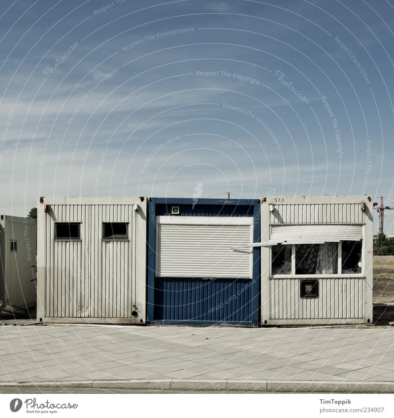 The three from the construction site House (Residential Structure) Gloomy Container Mobile home Sidewalk Empty Deserted Shabby Old Uninhabited Square