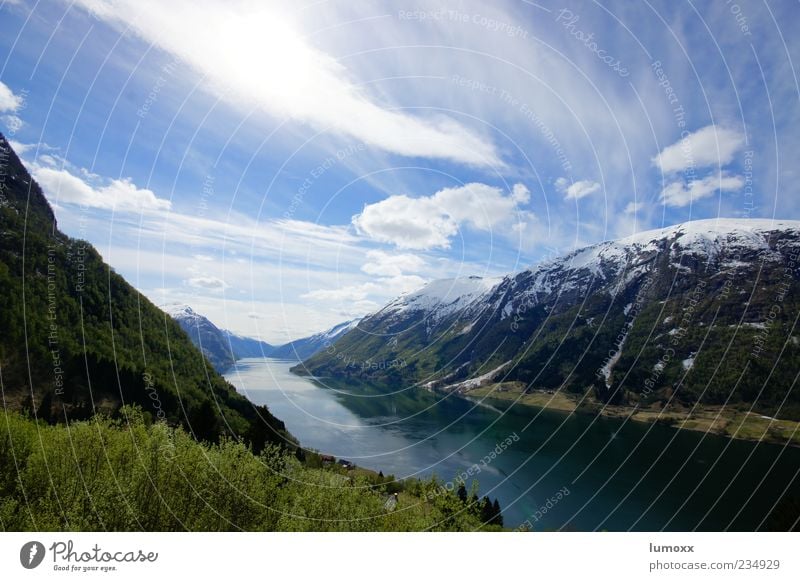 fjord country Environment Nature Landscape Earth Water Sky Clouds Spring Beautiful weather Mountain Snowcapped peak Coast Fjord Norway Europe Deserted