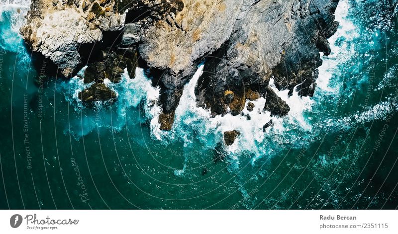 Aerial Drone View Of Dramatic Ocean Waves Crushing Environment Nature Landscape Earth Water Summer Weather Bad weather Storm Wind Gale Hill Rock Mountain Coast