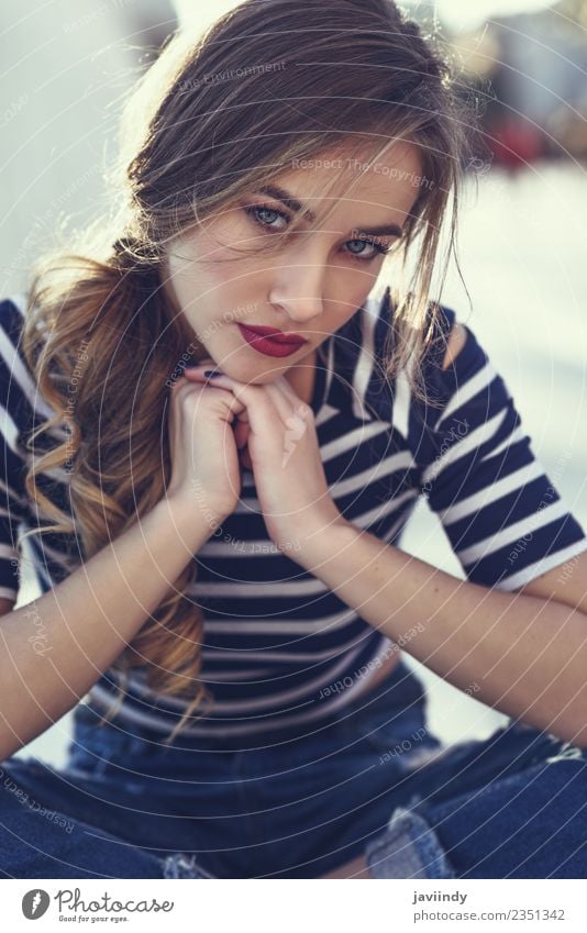 Blonde woman, model of fashion, sitting on a bench Lifestyle Beautiful Hair and hairstyles Summer Human being Feminine Young woman Youth (Young adults) Woman