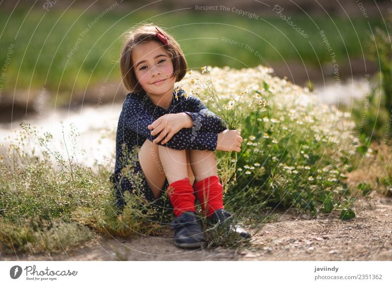 Little girl sitting in nature field Lifestyle Joy Happy Beautiful Playing Summer Child Human being Feminine Baby Girl Woman Adults Infancy 1 3 - 8 years Nature