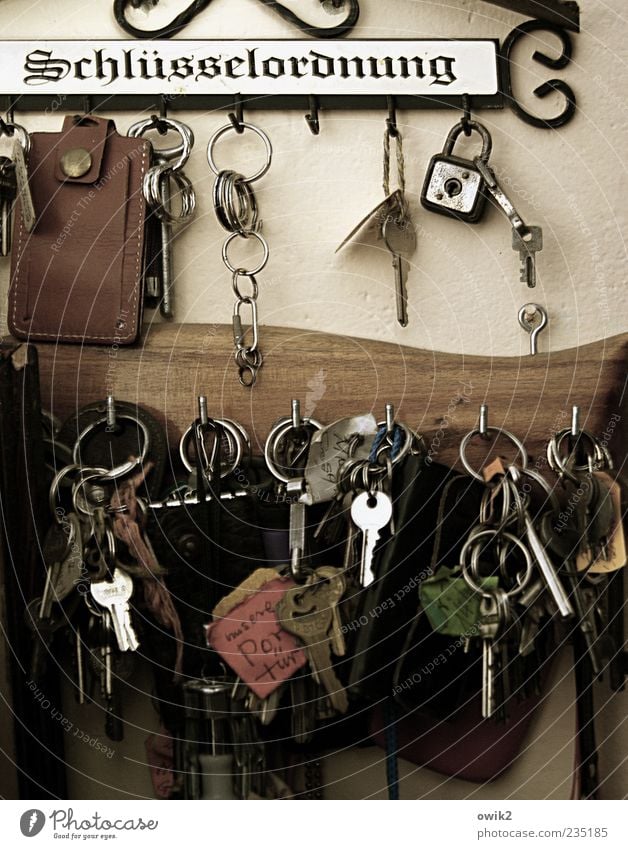 key technology Key Keyring Hang Many Testing & Control Nostalgia Arrangement key ring Checkmark key board Wall (building) Colour photo Interior shot Detail