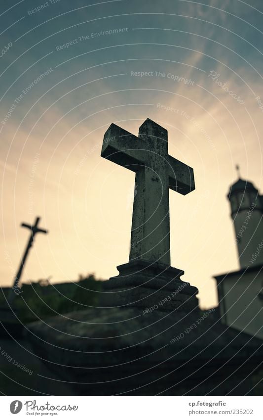 crusade Sculpture Sky Beautiful weather Church Crucifix Religion and faith Holy Stone Colour photo Dawn Twilight Shallow depth of field Deserted Statue