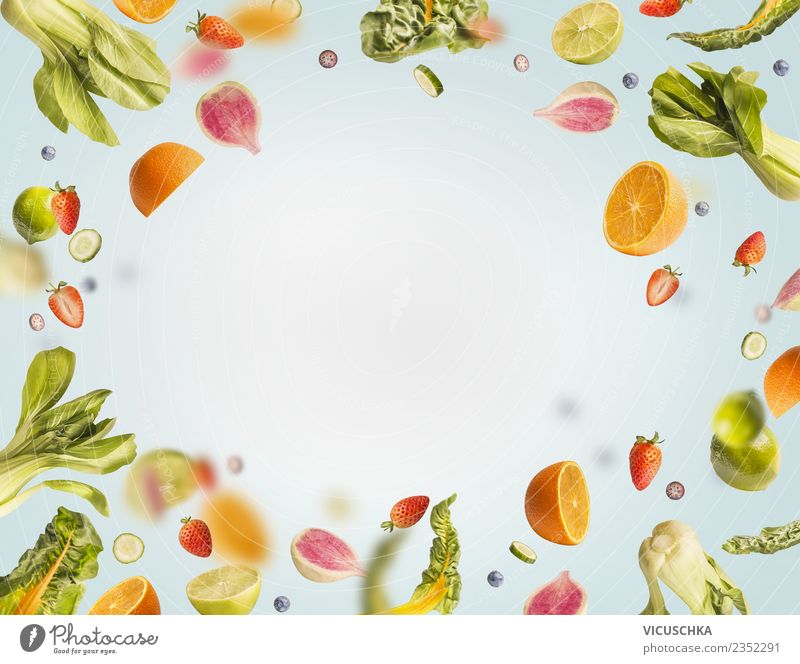 Flying fruit and vegetable frame Food Vegetable Lettuce Salad Fruit Apple Orange Nutrition Organic produce Vegetarian diet Diet Juice Style Design Healthy