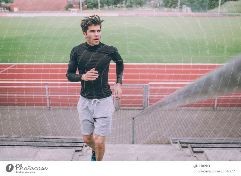 Young sports man is running up the stairs for his workout Drinking water Lifestyle Joy Body Healthy Healthy Eating Health care Athletic Muscular Fitness