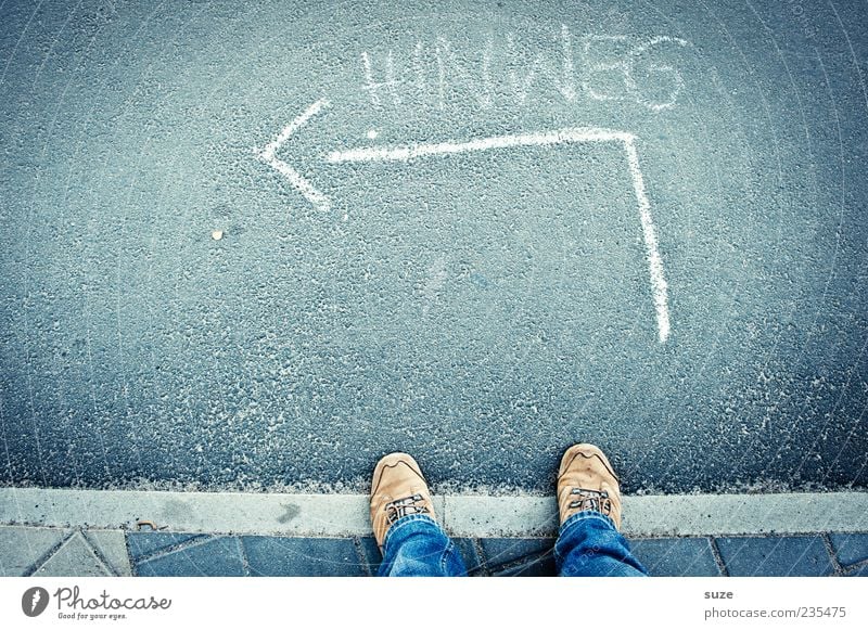 Let's go! Feet Footwear Characters Signs and labeling Arrow Wait Blue Asphalt Ground Direction Left Chalk Typography Street Lanes & trails Decide Beginning