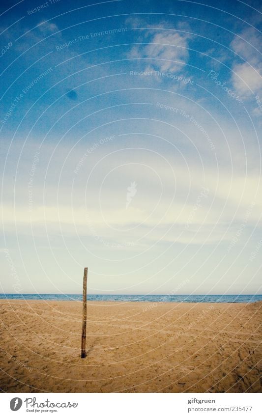 on the beach I Environment Nature Landscape Elements Sand Water Sky Clouds Beautiful weather Coast Beach Baltic Sea Ocean Calm Wooden stake Pole Horizon