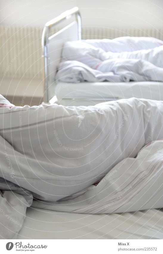 small bed Illness Bed Soft White Hospital Sheet Duvet Hospital bed Colour photo Interior shot Morning Light Deserted Second-hand