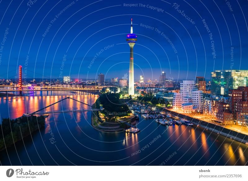 Düsseldorf evening skyline Duesseldorf Town Skyline Manmade structures Building Architecture Vacation & Travel Dusseldorf City harbour river urban Transport