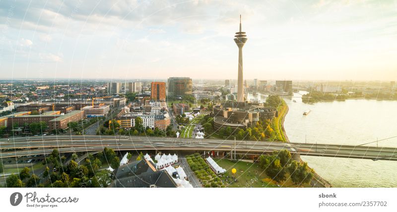 Düsseldorf evening skyline Duesseldorf Town Skyline Manmade structures Building Architecture Vacation & Travel Dusseldorf City harbour river urban Transport