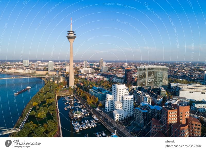 Düsseldorf from above Duesseldorf Town Port City Skyline Tower Vacation & Travel Dusseldorf harbour river urban Transport public train autumn evening bridge