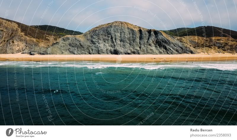 Aerial Panoramic View Of Ocean Waves And Beach in Portugal Environment Nature Landscape Sand Water Summer Beautiful weather Hill Rock Mountain Coast Bay Island