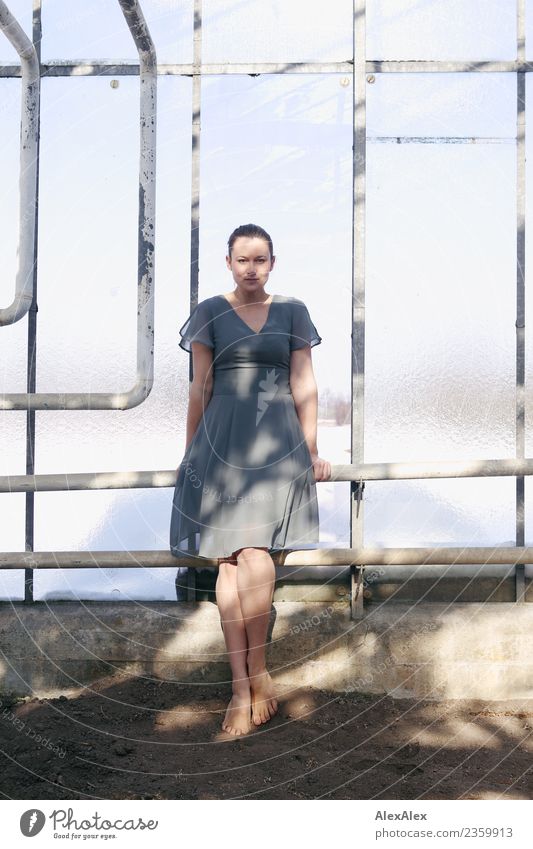 Portrait of a young woman standing barefoot in a glass greenhouse Style already Body Life Contentment Greenhouse Window Iron-pipe Young woman