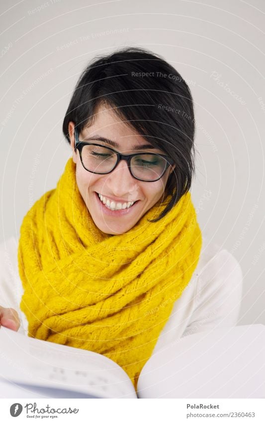 #A# Read Art Esthetic Scarf Woman Friendliness Smiling Laughter Yellow Book Reading Search Academic studies Eyeglasses Print media Colour photo Subdued colour