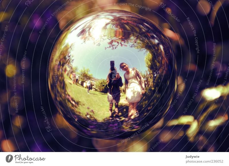 The earth is round! Garden Decoration Young woman Youth (Young adults) Nature Beautiful weather Dress Mirror Sphere Looking Exceptional Round Crazy Discover