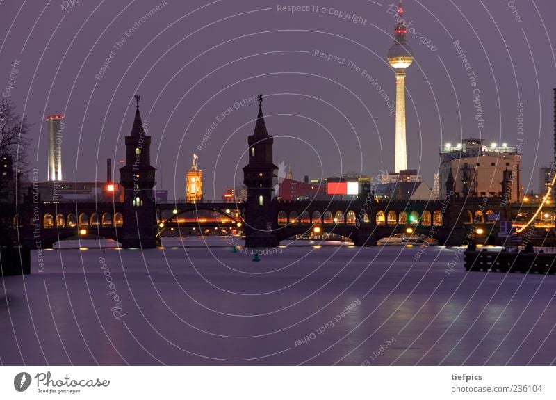 berlin in purple Tourism River City hall Bridge Tourist Attraction Landmark Brick Berlin Oberbaumbrücke Kreuzberg Friedrichshain Skyline Television tower