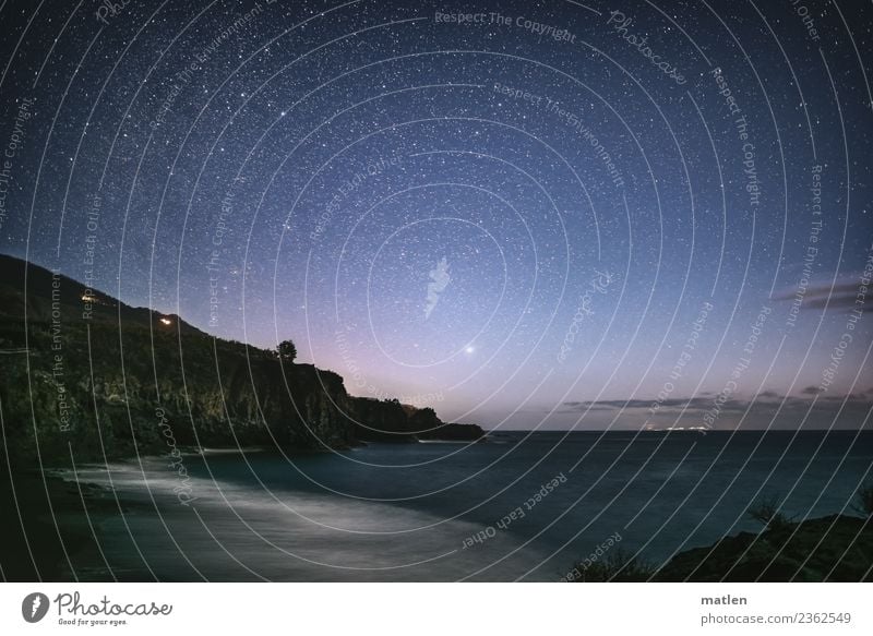 Night sky by the sea Landscape Sky Stars Horizon Spring Beautiful weather Rock Mountain Waves Coast Beach Bay Ocean Deserted Dark Blue Brown Gray Pink White