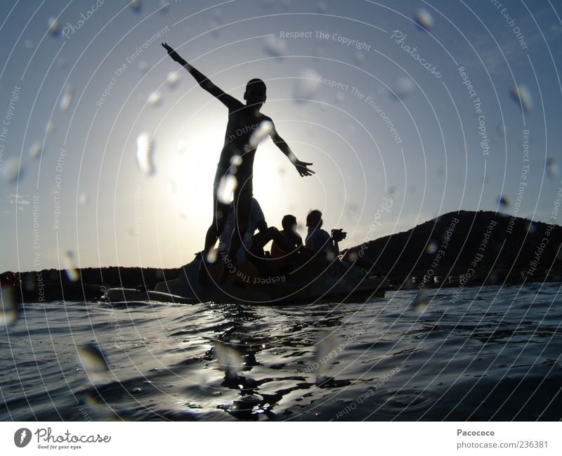 water shadow Joy Swimming & Bathing Playing Freedom Summer Infancy 4 Human being Water Sun Beautiful weather Ocean Dinghy Flying Stand Together