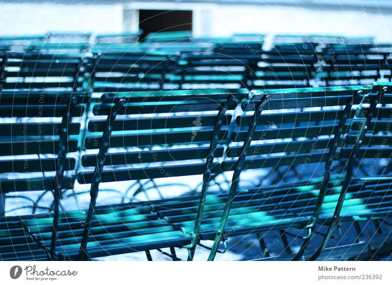 chair to chair Chair Event Wood Metal Sit Many Green Comfortable Serene Colour photo Exterior shot Deserted Morning Light Shadow Blur Central perspective