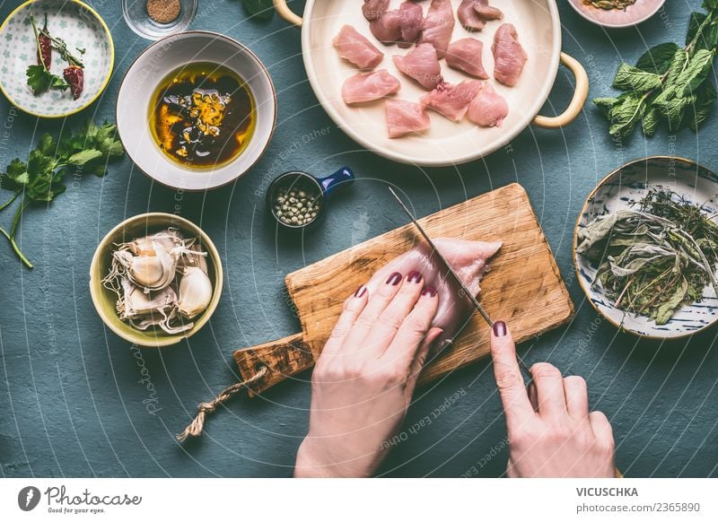 Hands cut chicken breast fillet Food Meat Herbs and spices Cooking oil Nutrition Lunch Dinner Organic produce Diet Crockery Bowl Knives Style Design