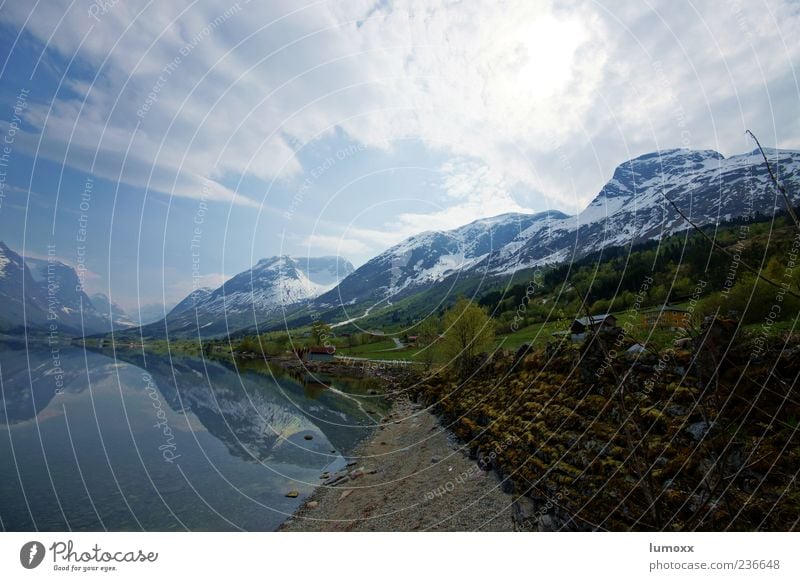 stopping at the spots we love the most Landscape Water Sky Clouds Grass Mountain Snowcapped peak Coast Lakeside Fjord Norway Scandinavia Europe Blue Green White