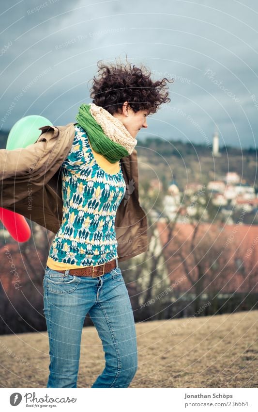 young woman with balloon on the mountain at a city Lifestyle Joy Leisure and hobbies Vacation & Travel Freedom Human being Feminine Young woman