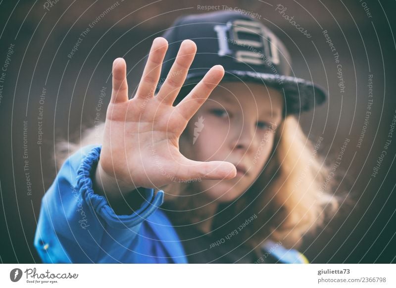 Refusal | Stop !! No !! Stop !! | boy shows stop hand by stretching out his hand in front of him Child Boy (child) Infancy Youth (Young adults) Hand 1