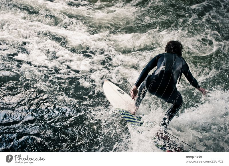 Eisbach Sports Surfing Surfer Surfboard Water River Exceptional Wild Blue Green Dangerous Munich Colour photo Subdued colour Exterior shot Copy Space left