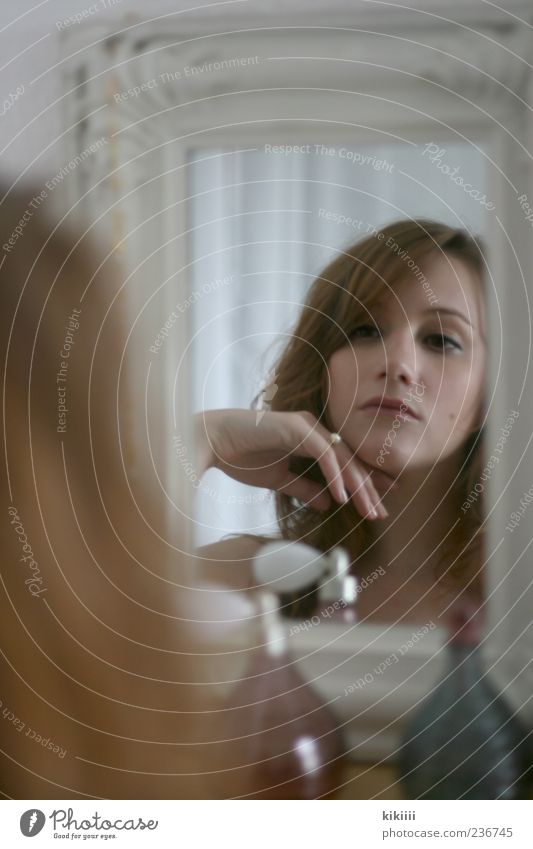 diva Arrogant Beautiful Hair and hairstyles Perfume Mirror Mirror image Hand Ring Looking Blur Subdued colour Beauty Photography Pastel tone Woman Young woman