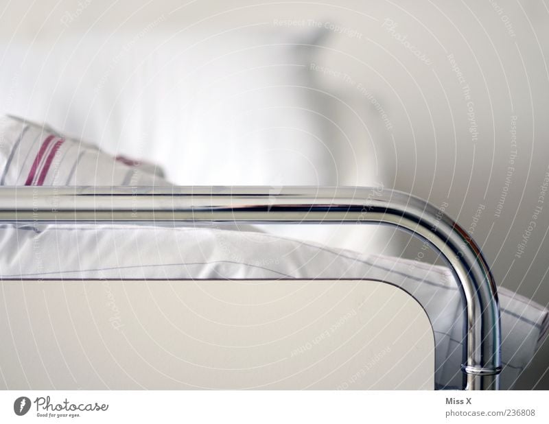 hospital bed Illness Bed Lie Sleep Clean White Hospital Hospital bed Duvet Pillow Metal post Frame Rehabilitate Sick room Colour photo Subdued colour