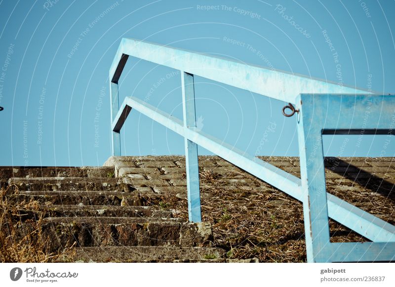 upward Stairs Trashy Gloomy Blue Brown Decline Past Transience Handrail Banister Upward Tall Rising Above Moss Rust Sky Old Subdued colour Exterior shot Day