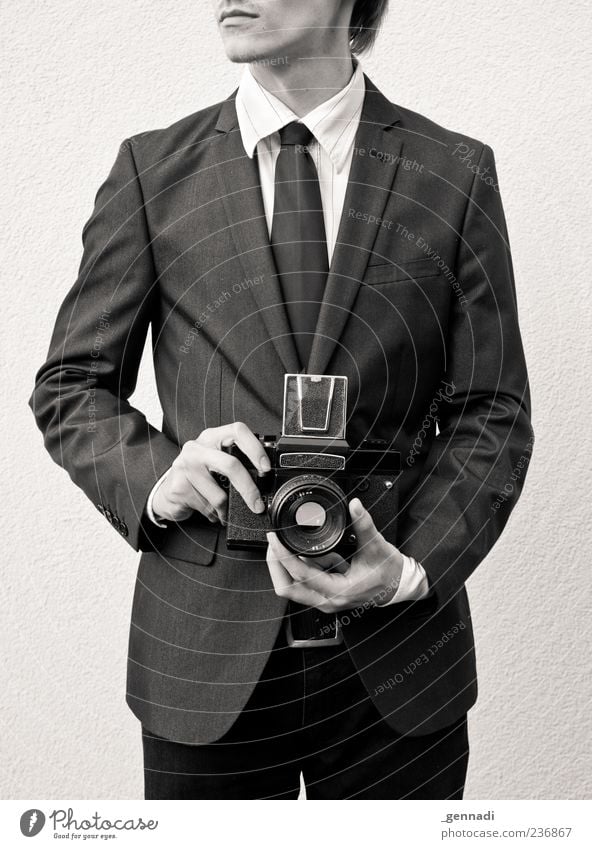 Locker from the hip Human being Masculine Young man Youth (Young adults) Hand 1 18 - 30 years Adults Shirt Suit Tie Belt Camera Medium format Brunette