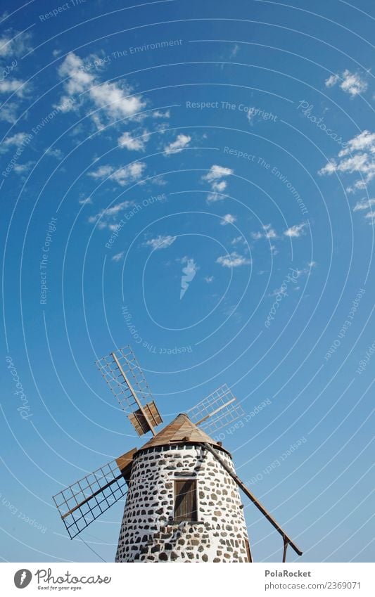 #AS# Blue Mill Art Esthetic Windmill Windmill vane Calm Wind energy plant Fuerteventura Spain Blue sky Vacation photo Colour photo Multicoloured Exterior shot