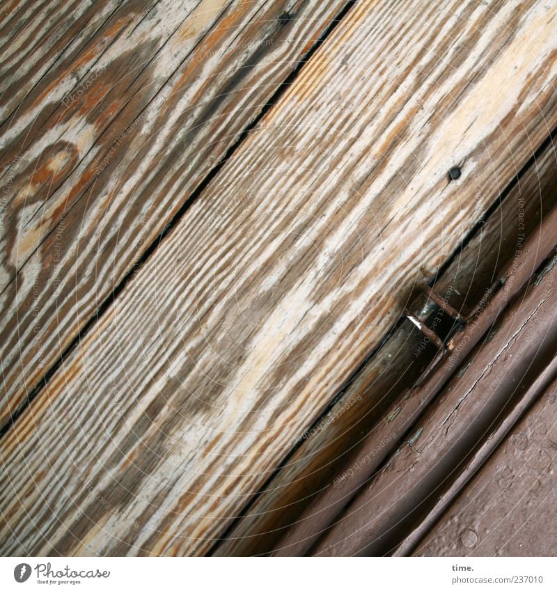 open house area Wood Old Brown Colour Doorstep door anchors Parallel Diagonal Wood grain Seam Metalware Colour photo Interior shot Detail Structures and shapes