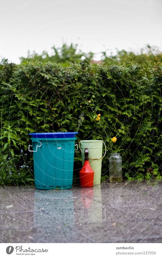 Terrace in the rain Calm Garden Environment Nature Plant Elements Water Summer Blossom Blossoming Growth Garden plot Garden allotments Rain Wet Hedge Bucket Tub