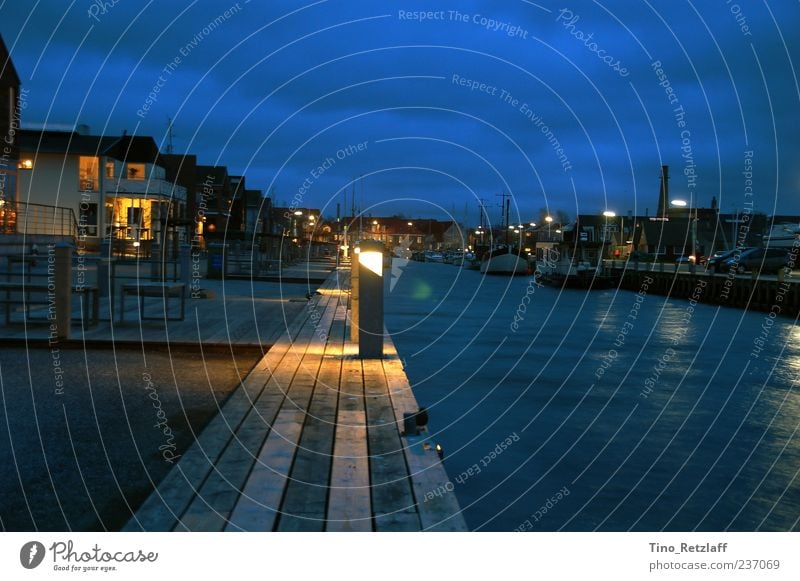 dusk Vacation & Travel Water Clouds Night sky Fishing village Fishing boat Blue Colour photo Exterior shot Copy Space right Twilight Central perspective Jetty