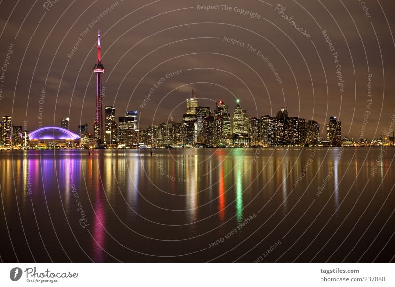 Toronto Town Canada Evening Night Twilight Light Lighting Multicoloured Water Ontario Lake Ontario Americas North America Colour photo Copy Space bottom