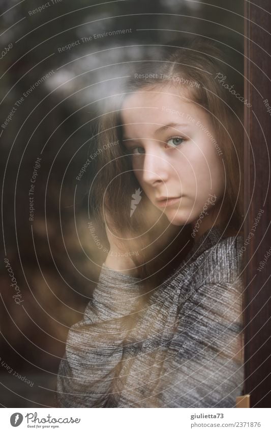 Eye contact | Portrait of a girl mirrored in a window Feminine Girl Young woman Youth (Young adults) 1 Human being 8 - 13 years Child Infancy 13 - 18 years