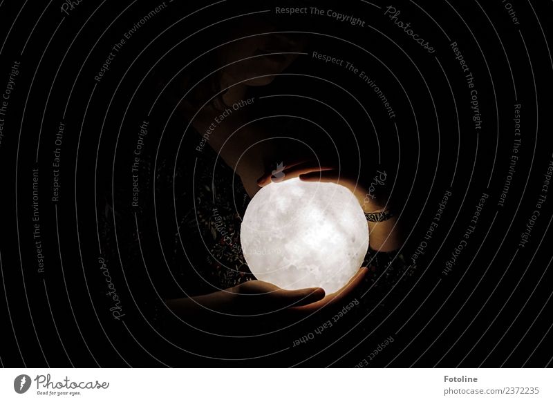 I've shrunk the moon. Human being Feminine Young woman Youth (Young adults) Hand Fingers 1 Moon Full  moon Dark Natural Round Gray Black White Colour photo