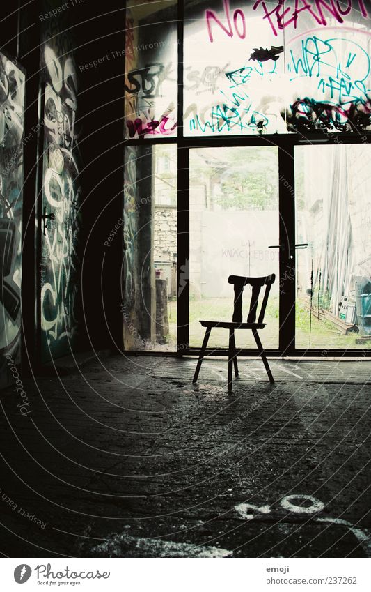 quadrupeds Dark Chair Seating Loneliness Colour photo Interior shot Deserted Shadow Light (Natural Phenomenon) Back-light Empty 1 Graffiti Simple Room Window