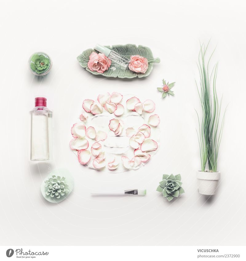 Facial skin care with sheet mask and roses Style Design Beautiful Skin Cosmetics Healthy Wellness Spa Nature Flower Rose Pink Conceptual design flat lay