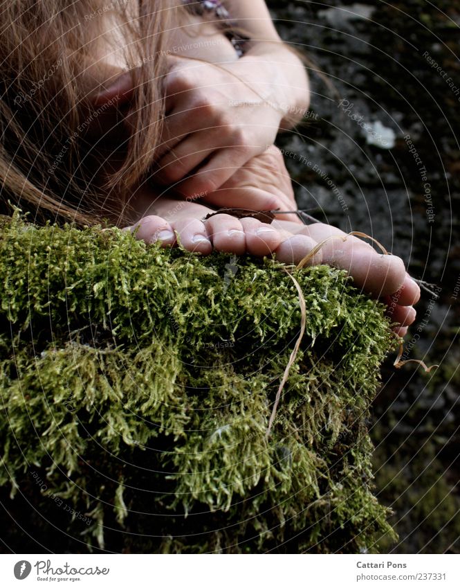 please don't forget... Woman Adults Hair and hairstyles Hand Feet Moss Stairs Brunette Long-haired Touch To hold on Crouch Uniqueness Thin Colour photo