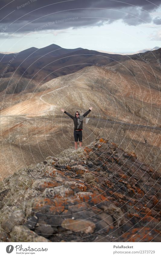 #AS# high up Art Esthetic Peak Landscape Mountain Peak cross Youth culture Young man Applause Completed Target Fuerteventura Colour photo Multicoloured