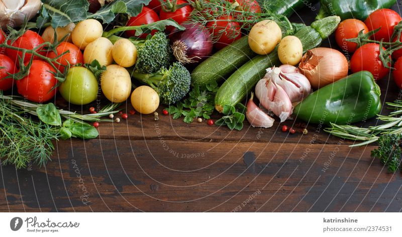 Fresh raw vegetables and herbs Vegetarian diet Diet Table Leaf Dark Brown Green Red cooking food health healthy Ingredients Rustic Tomato cherry tomatoes wood