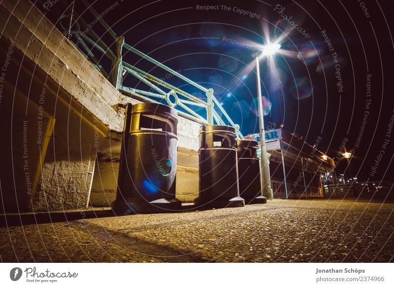 Garbage can at Brighton Beach at night, Brighton, England Esthetic Background picture Dark Light Night mood Night shot Structures and shapes Colour photo